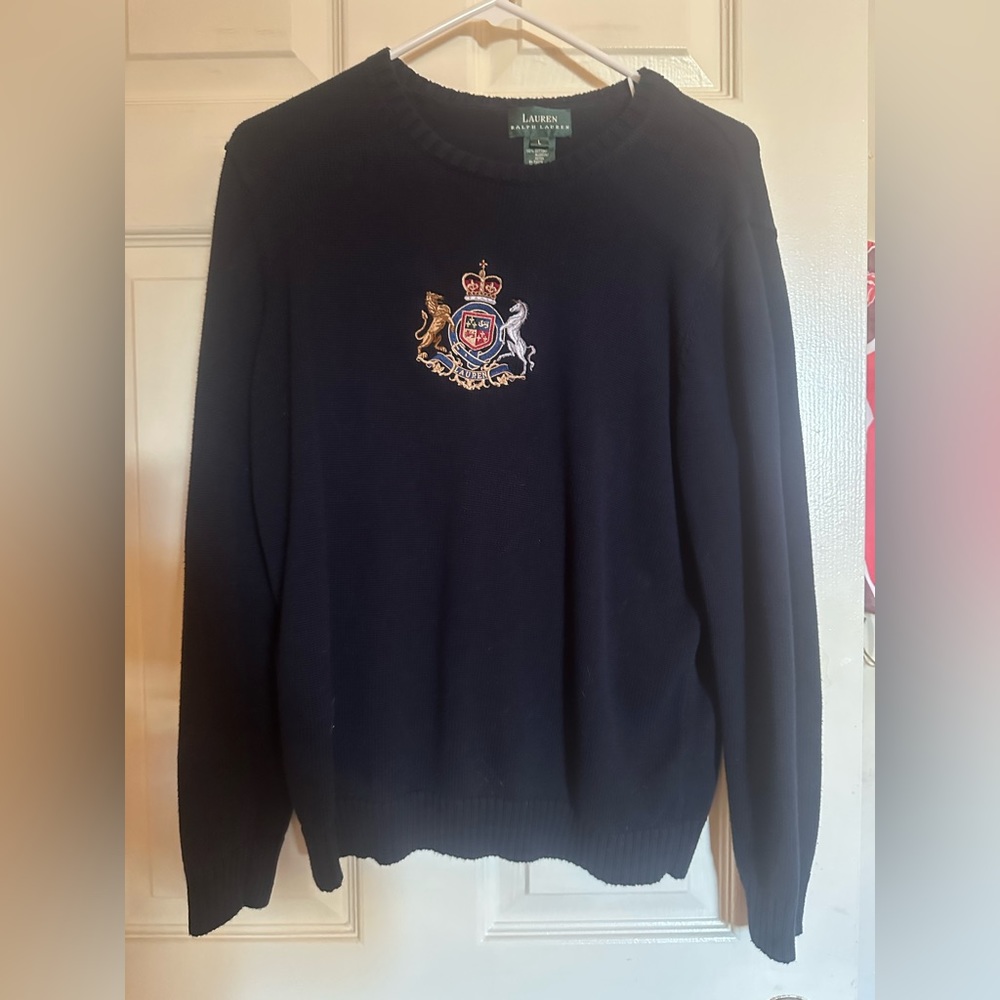 Vintage Ralph Lauren Sweater Lion Crest Crewneck Cotton Navy Blue